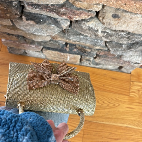 Anna & Elle Gold sparkly bow purse dressy evening event chain handle - Picture 5 of 5